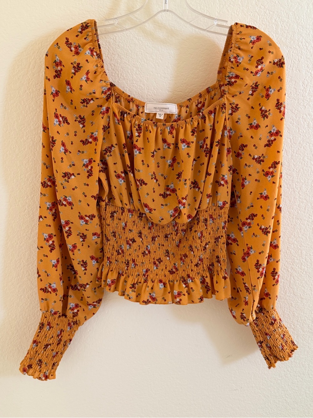 Set of 2 Smocked Puff-Sleeve Blouses (Mustard/Floral and White)